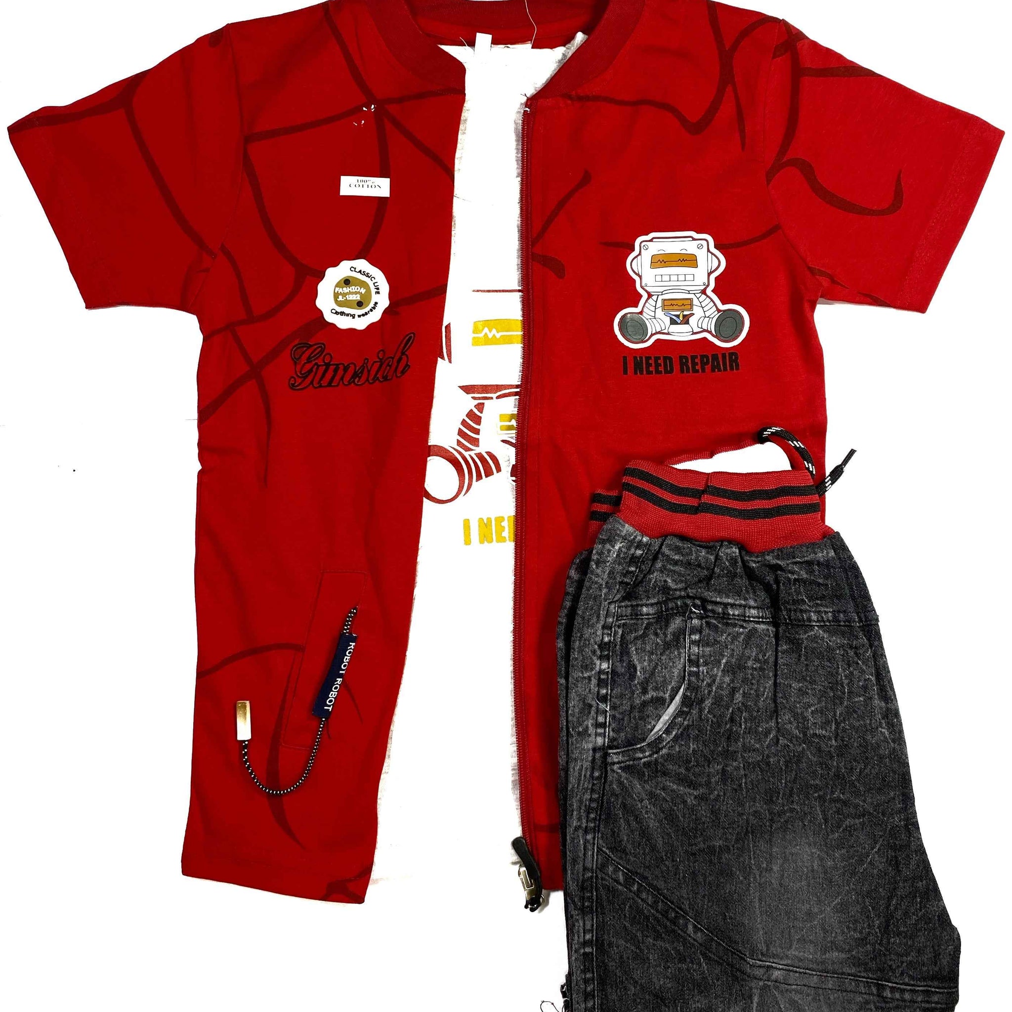 Boys 3-Piece Summer Set – Robot Print T-Shirt, Zipper Jacket & Denim Shorts