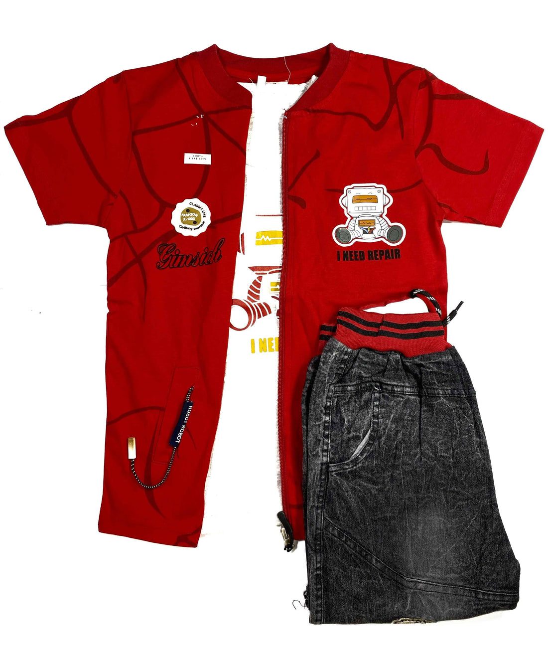 Boys 3-Piece Summer Set – Robot Print T-Shirt, Zipper Jacket & Denim Shorts