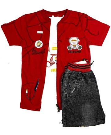 Boys 3-Piece Summer Set – Robot Print T-Shirt, Zipper Jacket & Denim Shorts