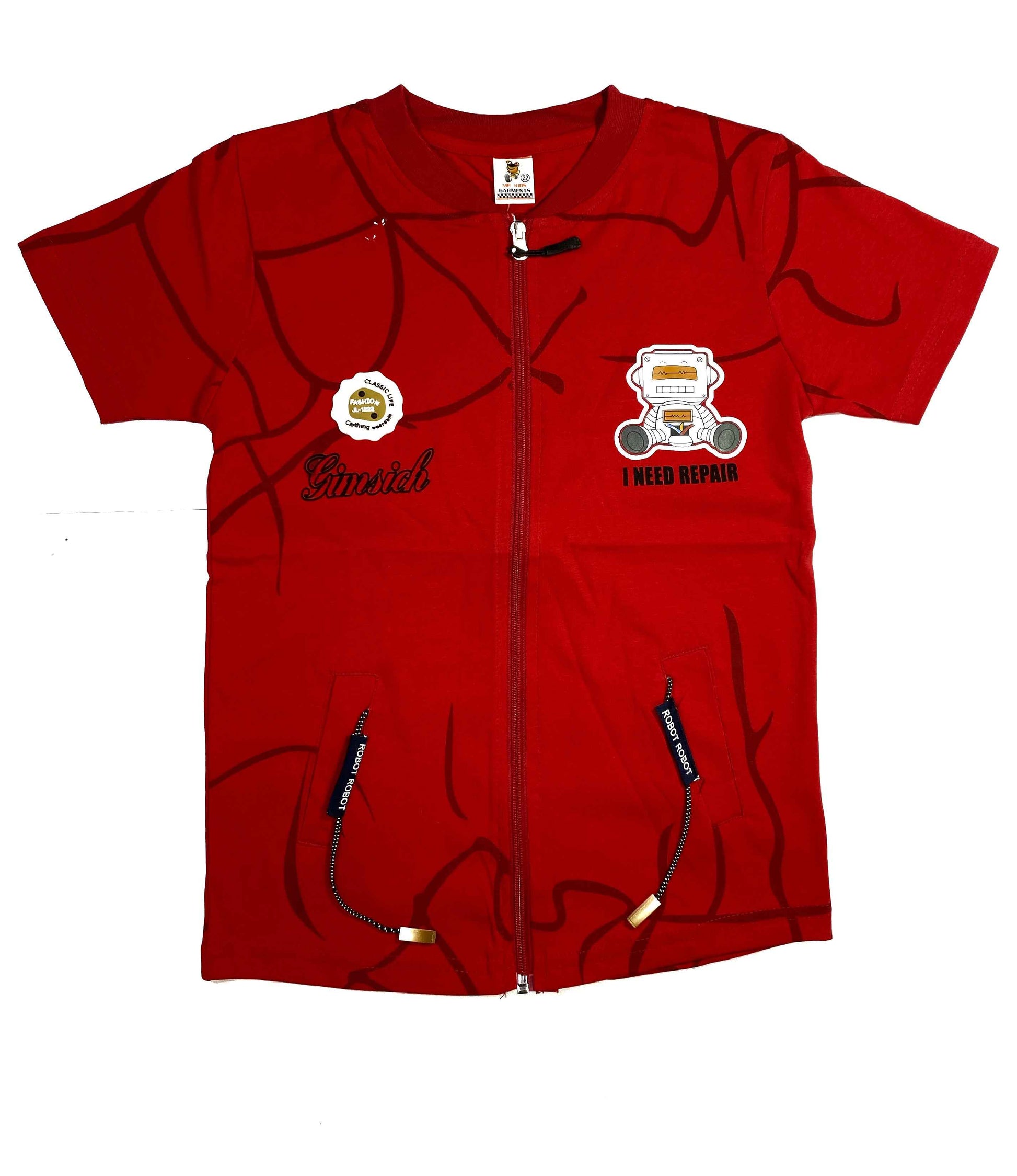 Boys 3-Piece Summer Set – Robot Print T-Shirt, Zipper Jacket & Denim Shorts