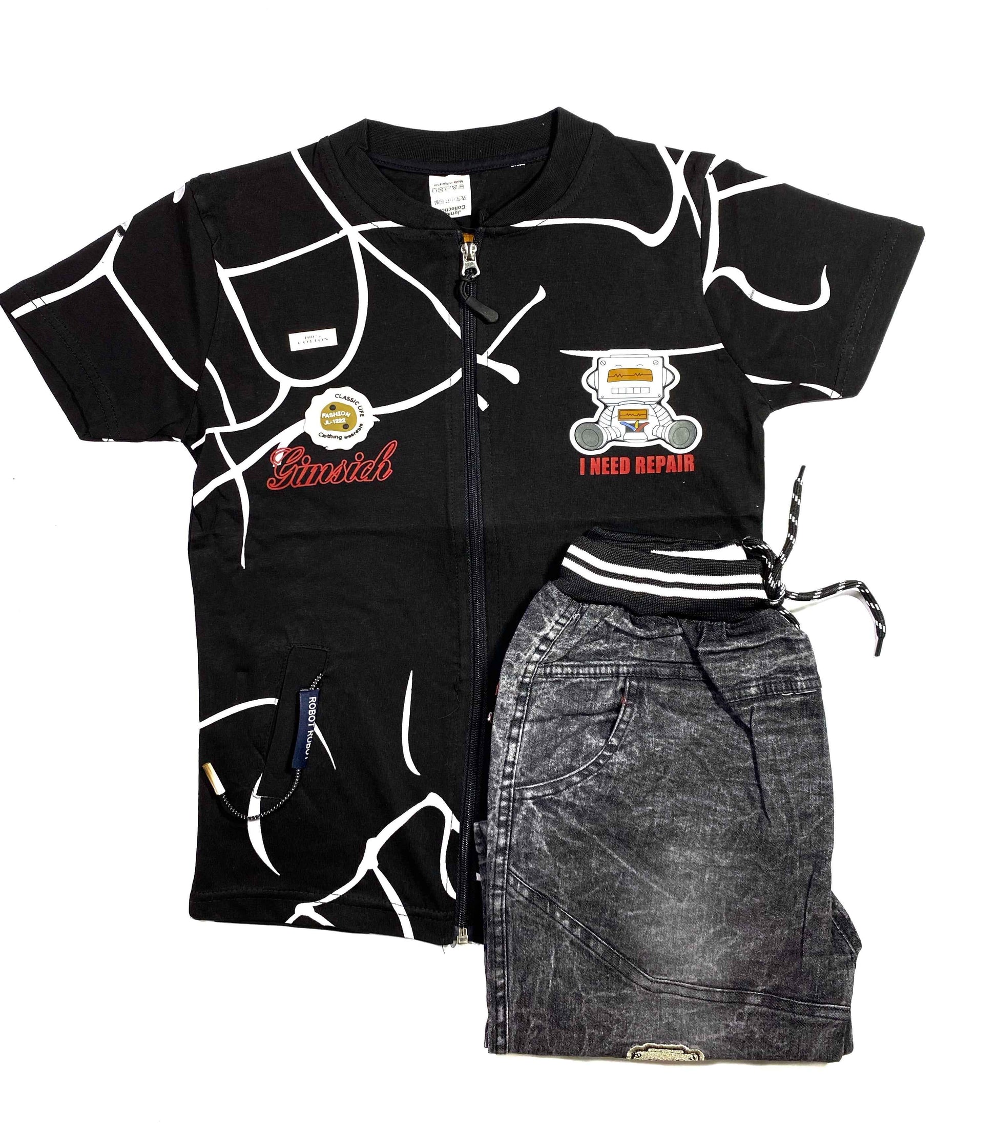 Boys 3-Piece Summer Set – Robot Print T-Shirt, Zipper Jacket & Denim Shorts