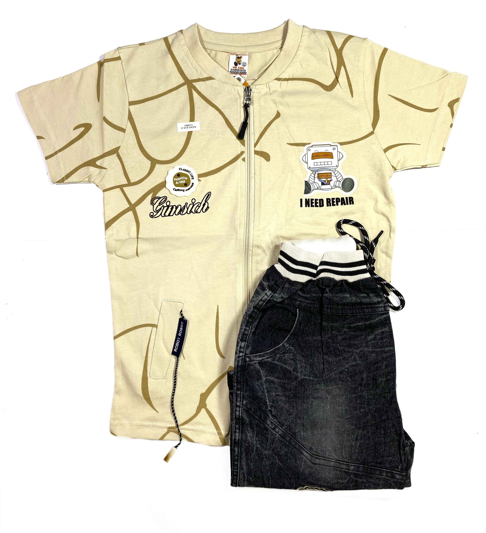 Boys 3-Piece Summer Set – Robot Print T-Shirt, Zipper Jacket & Denim Shorts