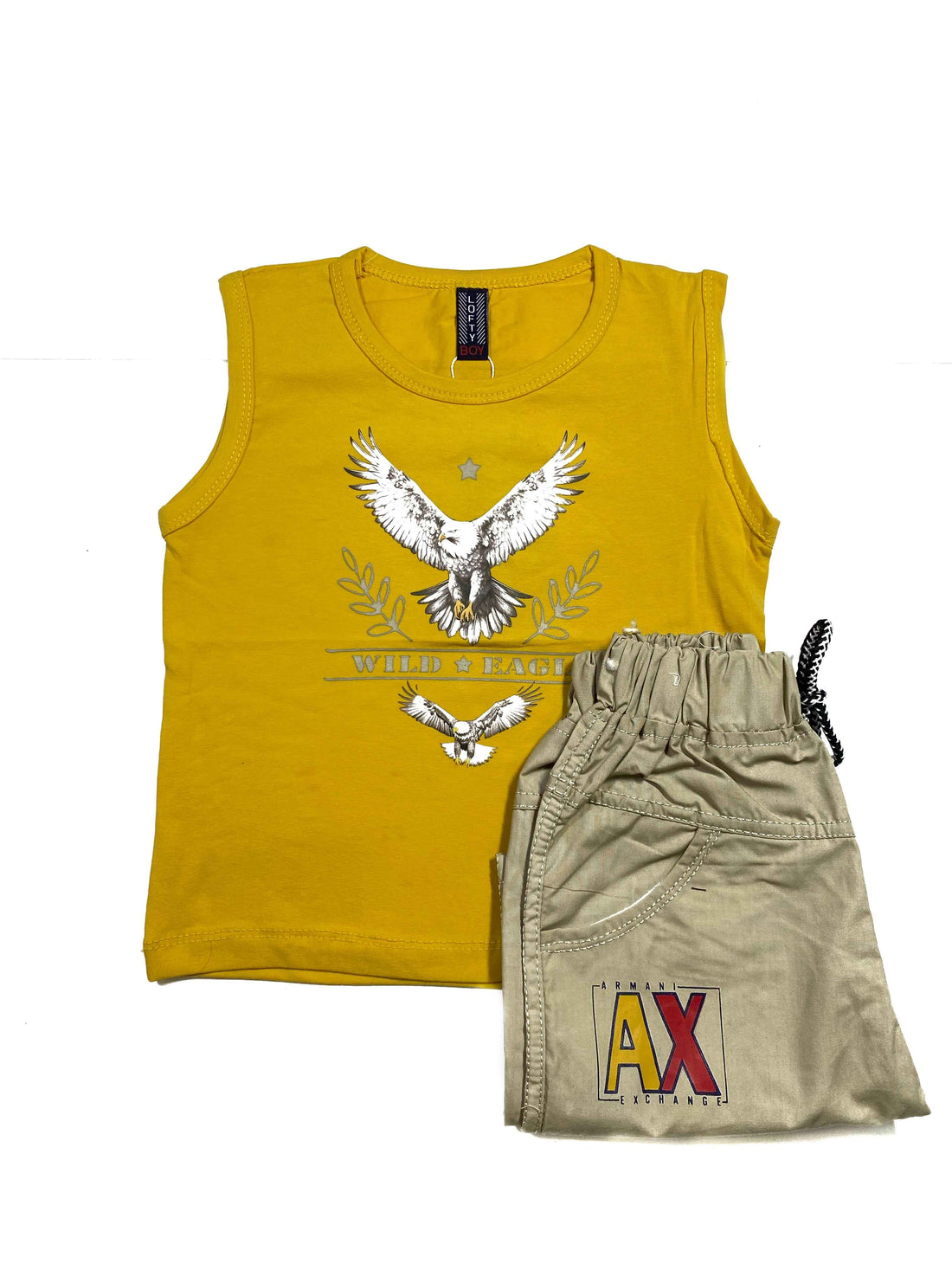 Boys Sleeveless White Eagle Print Shirt & Shorts Set – Cool 2-Piece Summer Outfit