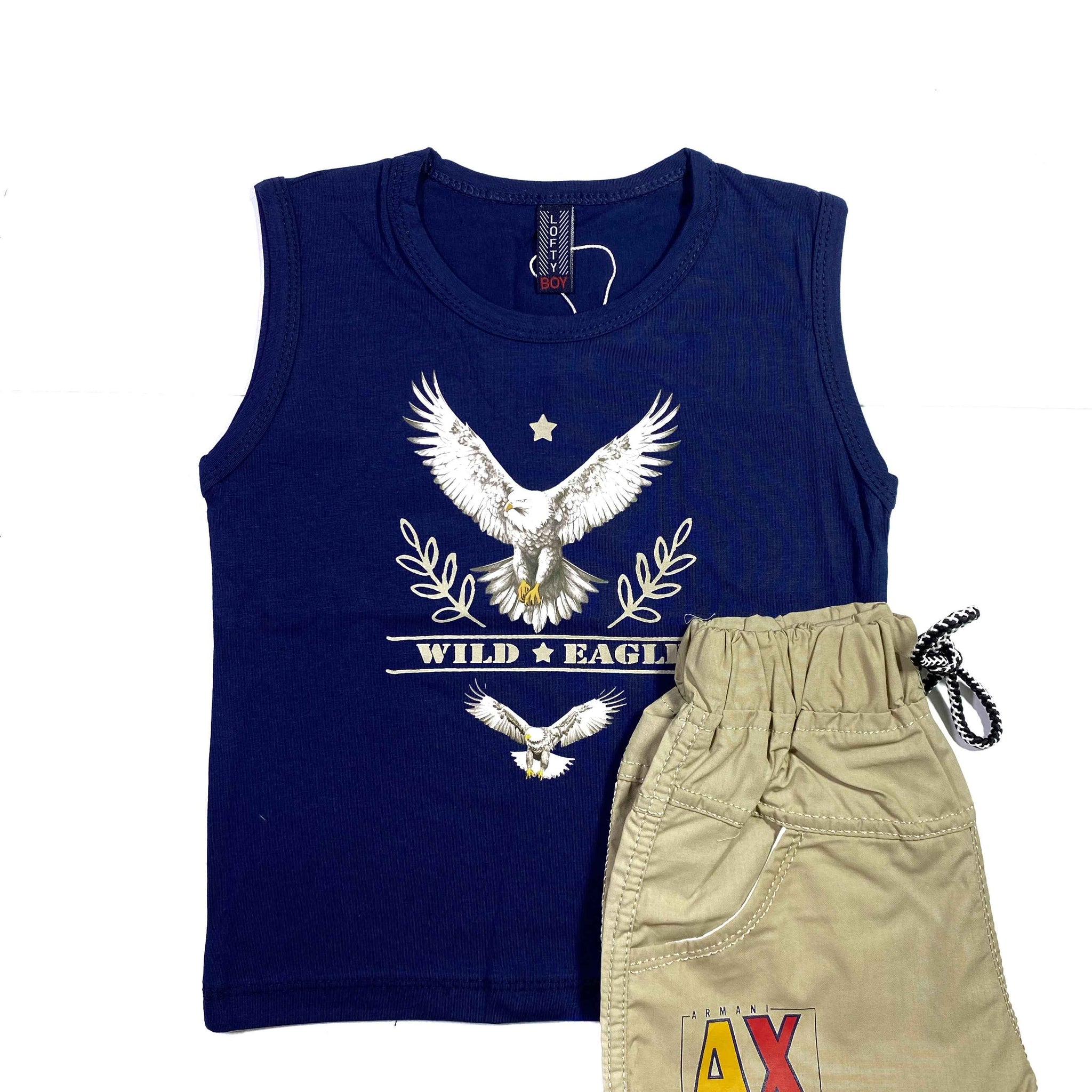 Boys Sleeveless White Eagle Print Shirt & Shorts Set – Cool 2-Piece Summer Outfit