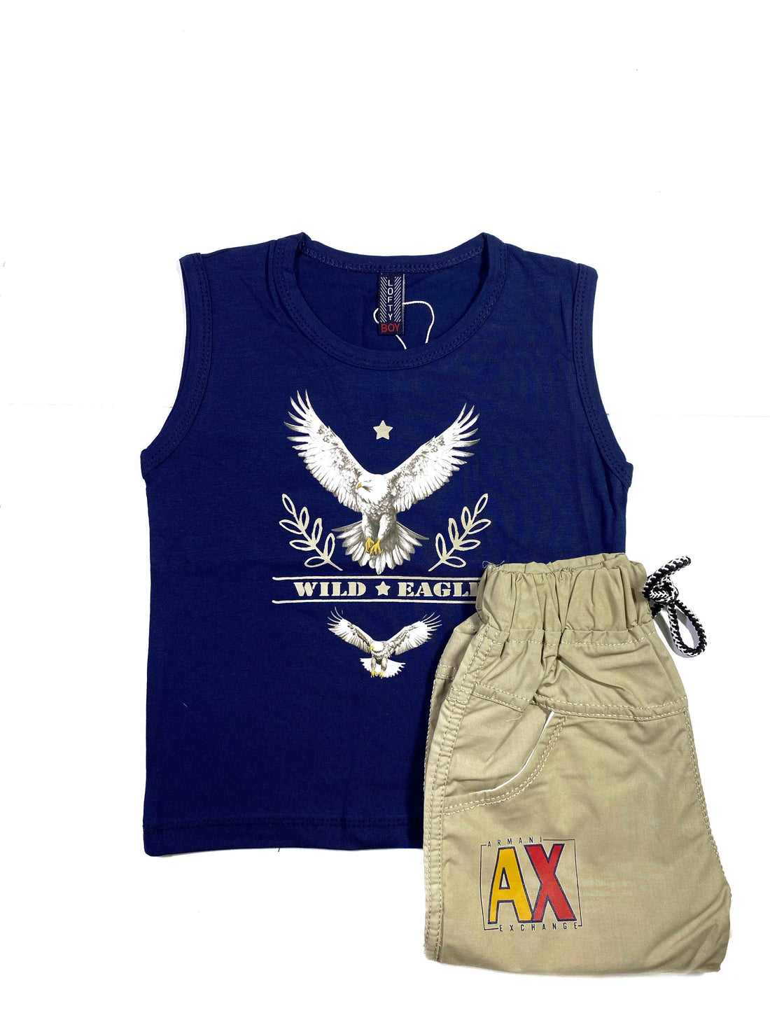 Boys Sleeveless White Eagle Print Shirt & Shorts Set – Cool 2-Piece Summer Outfit
