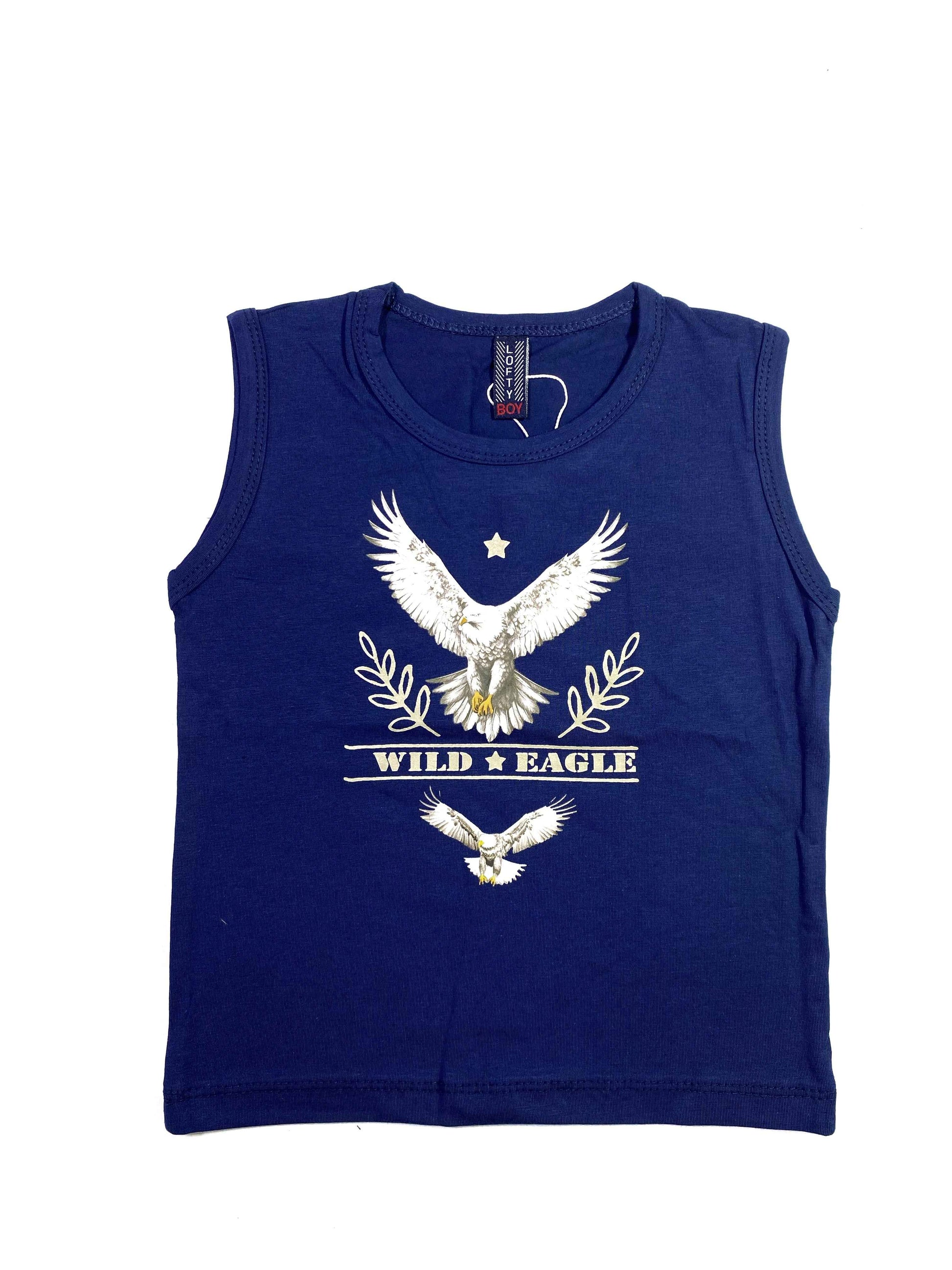 Boys Sleeveless White Eagle Print Shirt & Shorts Set – Cool 2-Piece Summer Outfit