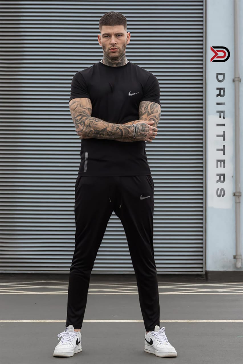 Adidas men’s dry fit t-shirt and trouser set in black, gym wear outfit for men, breathable activewear, fitness clothing, sportswear set.