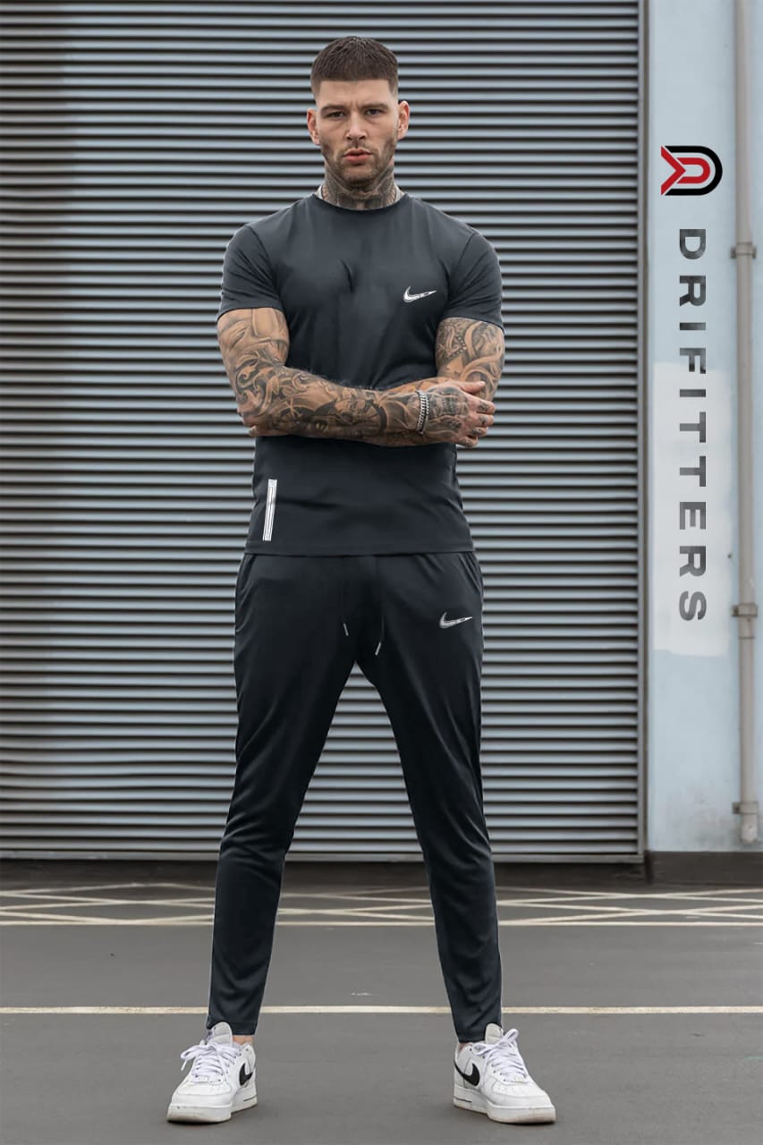 Adidas men’s dry fit t-shirt and trouser set in grey, gym wear outfit for men, breathable activewear, fitness clothing, sportswear set.