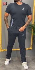 Adidas men’s dry fit t-shirt and trouser set in grey, gym wear outfit for men, breathable activewear, fitness clothing, sportswear set.
