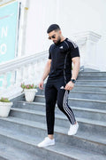 Adidas men’s dry fit t-shirt and trouser set in black, gym wear outfit for men, breathable activewear, fitness clothing, sportswear set.