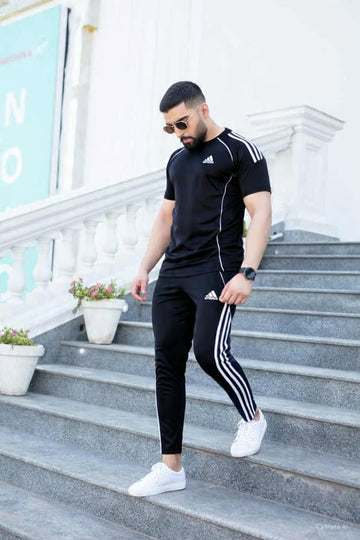 Adidas men’s dry fit t-shirt and trouser set in black, gym wear outfit for men, breathable activewear, fitness clothing, sportswear set.