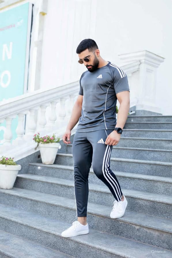 Adidas men’s dry fit t-shirt and trouser set in grey, gym wear outfit for men, breathable activewear, fitness clothing, sportswear set.