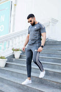 Adidas men’s dry fit t-shirt and trouser set in grey, gym wear outfit for men, breathable activewear, fitness clothing, sportswear set.